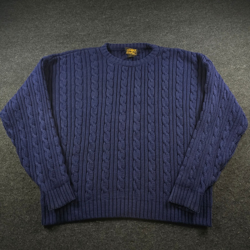 Vtg Eddie Bauer Cable Knit Sweater Blue Fisherman Cotton Made in USA 90s Mens XL - Picture 1 of 9